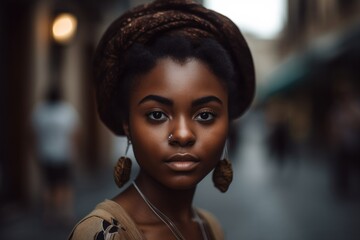 Fototapeta na wymiar This stunning portrait captures the beauty and confidence of a young woman against the backdrop of a bustling city street Generative AI