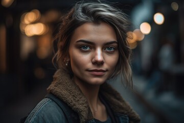 This stunning portrait captures the beauty and confidence of a young woman against the backdrop of a bustling city street Generative AI