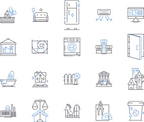 Home repair services outline icons collection. Home repair, Services, Maintenance, Construction, Plumbing, Remodeling, Electrical vector and illustration concept set. Repairing, Painting, Carpentry