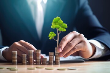 Businessman with tree on money coin stack, digital growth graph. Sustainable finance for green business growth. Photo generative AI