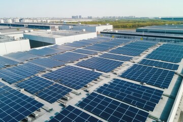 Aerial view of factory roof with solar panels. Photo generative AI