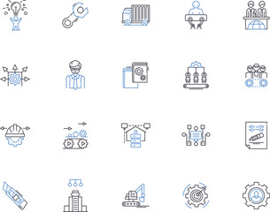 Factory outline icons collection. Factory, Manufacturing, Works, Plant, Warehouse, Manufacturing, Produce vector and illustration concept set. Machinery, Labor, Assemble linear signs
