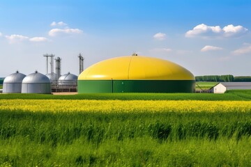 Modern biogas plant in rural area with rapeseed fields. Photo generative AI