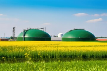 Modern biogas plant in rural area with rapeseed fields. Photo generative AI - obrazy, fototapety, plakaty
