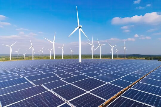 Solar, Wind Farm for Clean Energy. Photo generative AI