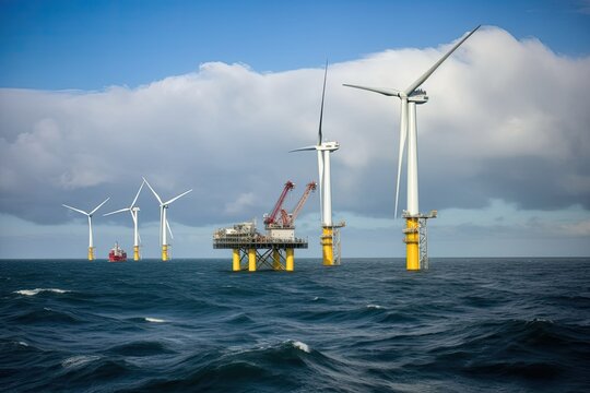 Spectacular view of turbines on Sea. Photo generative AI