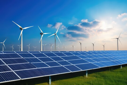 Solar & Wind Farm: Clean Energy Source. Photo generative AI