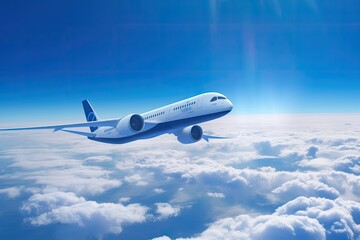 Blue H2 Plane flying - future H2 energy vision. Photo generative AI