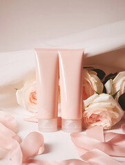 Photograph of bottle, pink background, creating a serene and calming atmosphere, The poster features the product prominently, Generate Ai