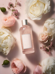 Photograph of bottle, pink background, creating a serene and calming atmosphere, The poster features the product prominently, Generate Ai