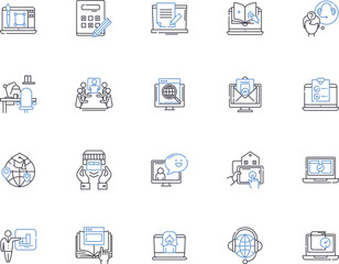 Online education outline icons collection. eLearning, Tutoring, Online-Courses, Distance-Learning, Virtual-Classroom, Video-Lectures, eTutoring vector and illustration concept set. Webinars, MOOCs