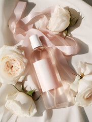 Photograph of bottle, pink background, creating a serene and calming atmosphere, The poster features the product prominently, Generate Ai