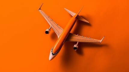 Top view air plane on orange background, wallpaper. Generative AI.