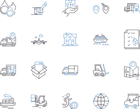 Logistic management outline icons collection. Logistics, Management, Supply, Chain, Order, Delivery, Warehouse vector and illustration concept set. Distribution, Inventory, Process linear signs