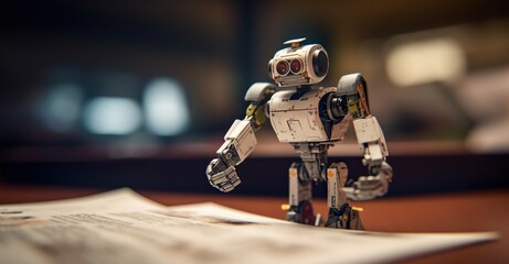 Fototapeta premium Tiny robot working with papers at the desk