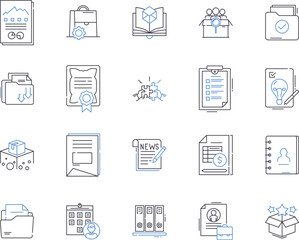 Document processing outline icons collection. Documentation, Processing, Editing, Scanning, Creating, Sharing, Formatting vector and illustration concept set. Organizing, Retrieving, Converting linear