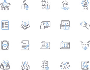 Marketing strategy outline icons collection. Brand, Promotion, Advertising, Targeting, Positioning, Segmentation, Redesign vector and illustration concept set. Social, Digital, Engagement linear signs