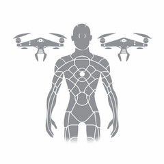 Human Between Drone Icon Vector. Outline Human is standing near the Drone Sign. Isolated Contour Symbol Illustration