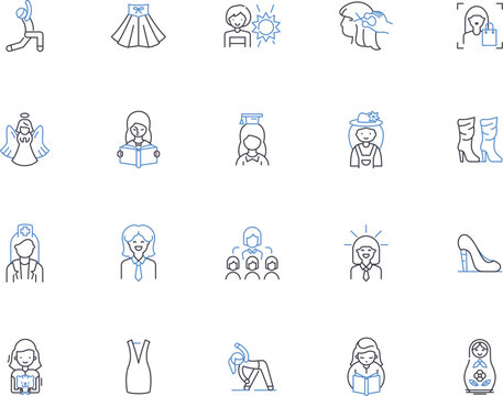Girl outline icons collection. Girl, Female, Lady, Maiden, Daughter, Chick, Gal vector and illustration concept set. Lass, Miss, Mademoiselle linear signs