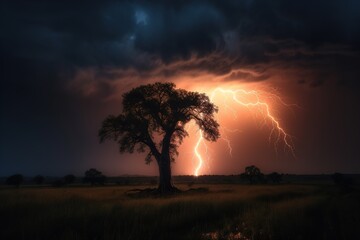 Fototapeta na wymiar a tree in the middle of a field during a thunderstorm