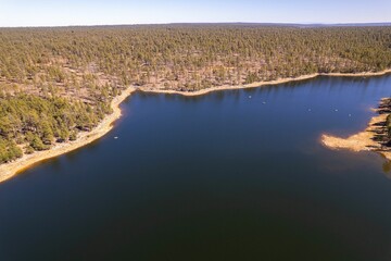 Fototapeta na wymiar Aerial drone shot of Willow Springs Lake near a forest in Arizona, United States