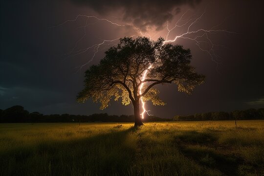 a tree in the middle of a field during a thunderstorm