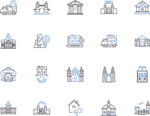 Property investment outline icons collection. investment, property, realestate, rentals, yielding, revenue, capital vector and illustration concept set. return, leasing, mortgaging linear signs