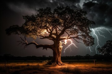  lightning storm is blazing in the sky above a tree