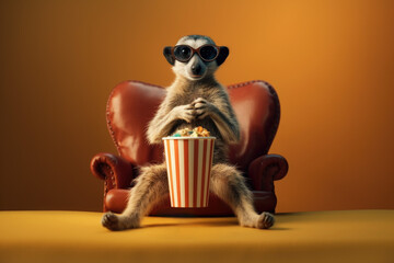 cute meerkat wearing glasses on a chair with popcorn, Generative AI