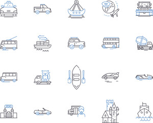 Transport and tour outline icons collection. Transport, Tour, Travel, Bus, Taxi, Car, Rail vector and illustration concept set. Flight,Airline,Cruise linear signs