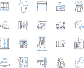 Furniture and interior outline icons collection. Furniture, Interior, Decor, Sofa, Table, Chair, Design vector and illustration concept set. Couch, Dining, Bed linear signs