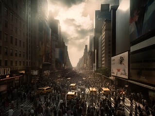 The image is set in a bustling city, with tall skyscrapers and busy streets stretching as far as the eye can see. The sky is filled with clouds, hinting at the possibility of rain.