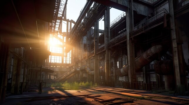 Abandoned rusty steel plant, old warehouse, outdated mashinery, AI generative industrial landscape