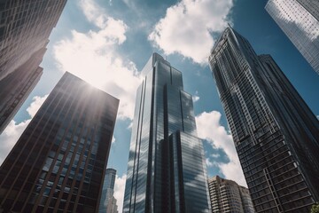 Modern tower buildings or skyscrapers in financial district with cloud on sunny day in Chicago, USA. Construction industry, business enterprise organization, or communication. Generative AI