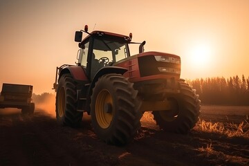 ..A tractor works on the farm in the soft light of the setting sun