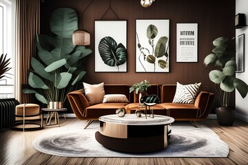 Stylish living room with modern retro interior design, velvet sofa, carpet on the floor, brown wooden furniture, plants - generative ai
