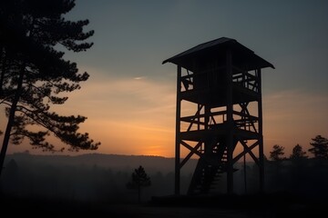 Obraz na płótnie Canvas ..Silhouetted watchtower stands against a breathtaking sunrise.