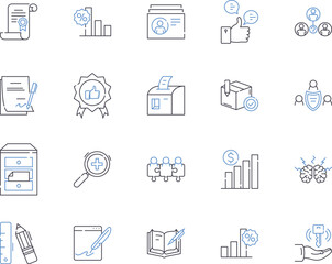 Office and managers outline icons collection. Office, Managers, Supplies, Employees, Documents, Organization, Technology vector and illustration concept set. Chairs, Desks, Administration linear signs