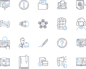 Credit management outline icons collection. Credit, Management, Accounts, Loans, Debts, Financials, Reconcile vector and illustration concept set. Risk, Evaluation, Monitoring linear signs