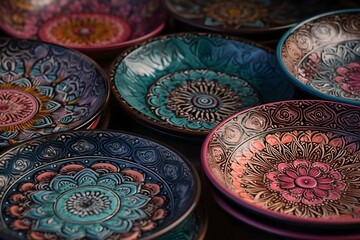 ..Unique ceramic plates adorned with intricate patterns.