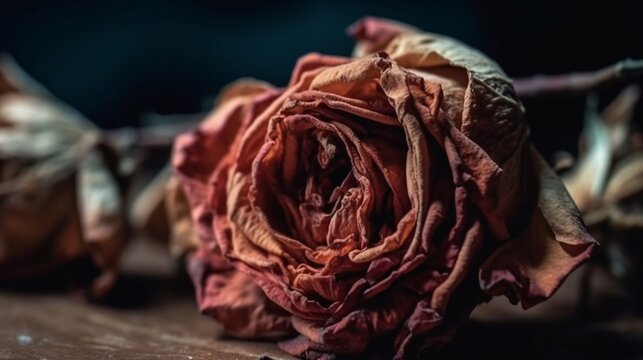 A sad red rose, dried and aged by time, in close-up and in detail against a dark romantic background. Generative AI.