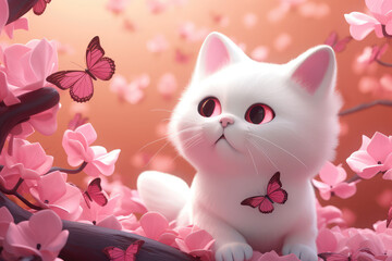 Cute kitty and cat with butterflies, generative AI
