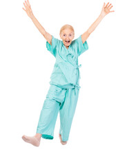 Full body Cheerful Elderly patient woman wearing patient uniform looking to camera Old lady raised hands and leg dance Health care and  Insurance concept isolated over green background copy space