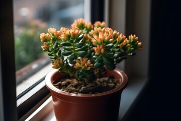 ..A colorful flower pot blooms cheerfully on a windowsill.