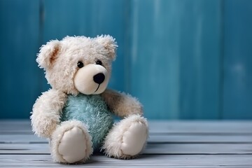 ..A cute teddy bear sits on a blue wooden background, ready for