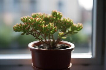 ..Bright green succulent blooming on a windowsill.