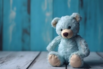 ..Teddy bear enjoys its bright wooden background, asking to be hugged.