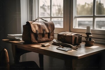 ..A leather satchel and books in a cozy, home office.