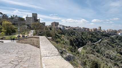 View of Enna , Castello di Lombardia (Lombardy Castle) and mountain Etna as seen from Rocca di Cerere, Sicily, Italy