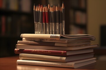 ..Students studying with textbooks, pens, and pencils.